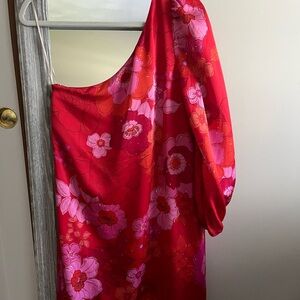Trina Turk Red and Pink Floral One Shoulder Dress